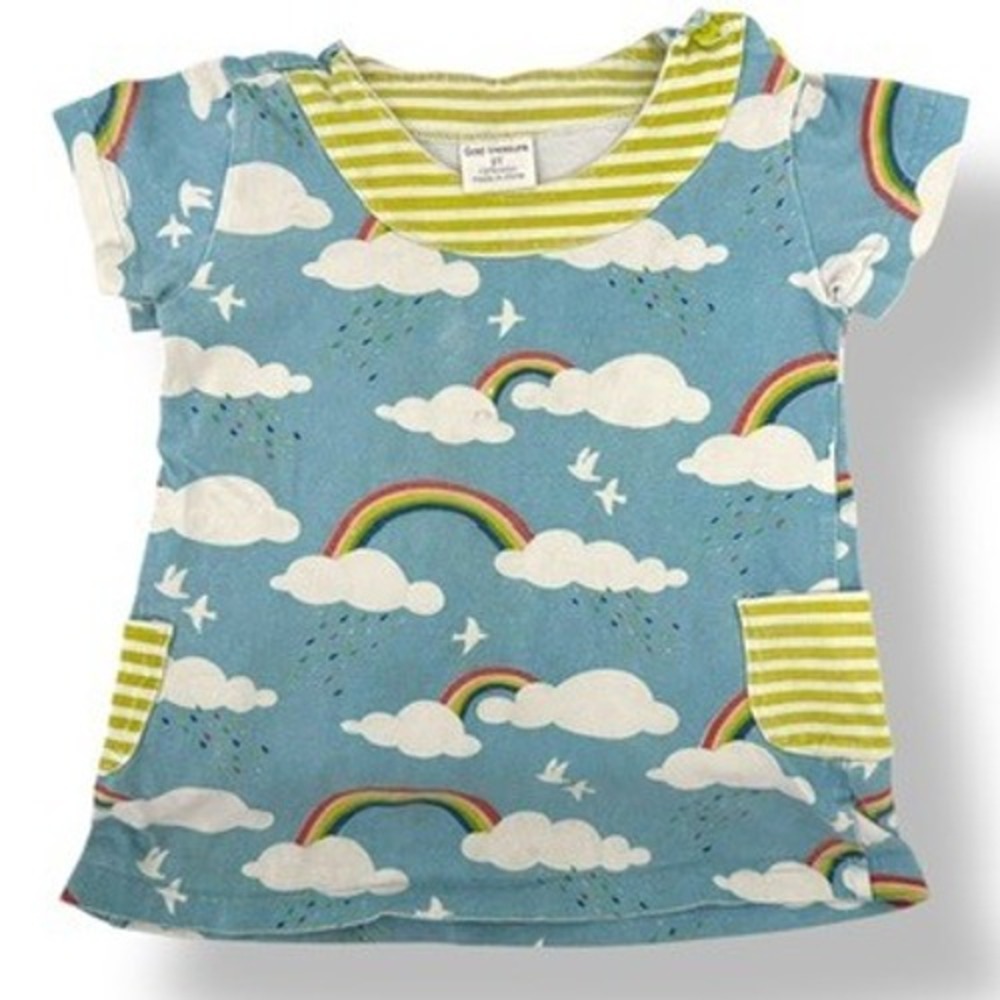 Gold Treasure Blue Rainbow Clouds Birds Rain Kids 2T Cotton Short Sleeve Pocket
